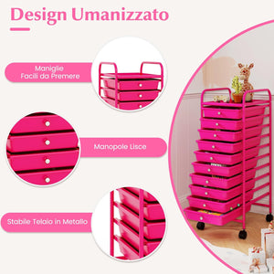 Carrello con 10 Cassetti da Stoccaggio, Cassettiera di Metallo e Plastica, Contenitore Multiuso con Ruote a Freno, per Casa e Ufficio (Rosa)