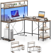 Scrivania per Computer a Forma di L, Tavolo da Gioco con Scaffale Regolabile, Gancio, Supporto per CPU, Striscia LED, Telecomando e Prese di Corrente, Desk per Studiare e Lavorare (Marrone)