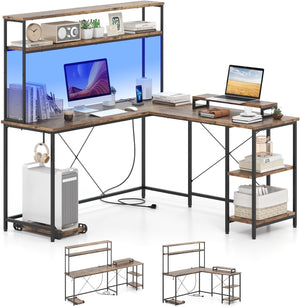 Scrivania per Computer a Forma di L, Tavolo da Gioco con Scaffale Regolabile, Gancio, Supporto per CPU, Striscia LED, Telecomando e Prese di Corrente, Desk per Studiare e Lavorare (Marrone)