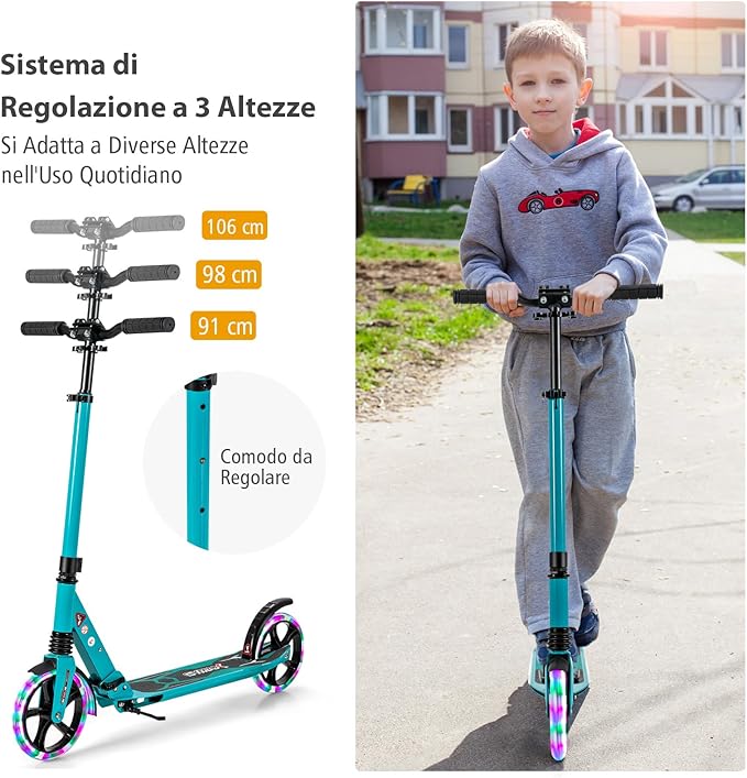 Scooter Monopattino a Spinta per Bambini Pieghevole e Regolabile in Altezza (91-106 cm), con Ruote Luminose e Cavalletto, Carico Massimo 100kg