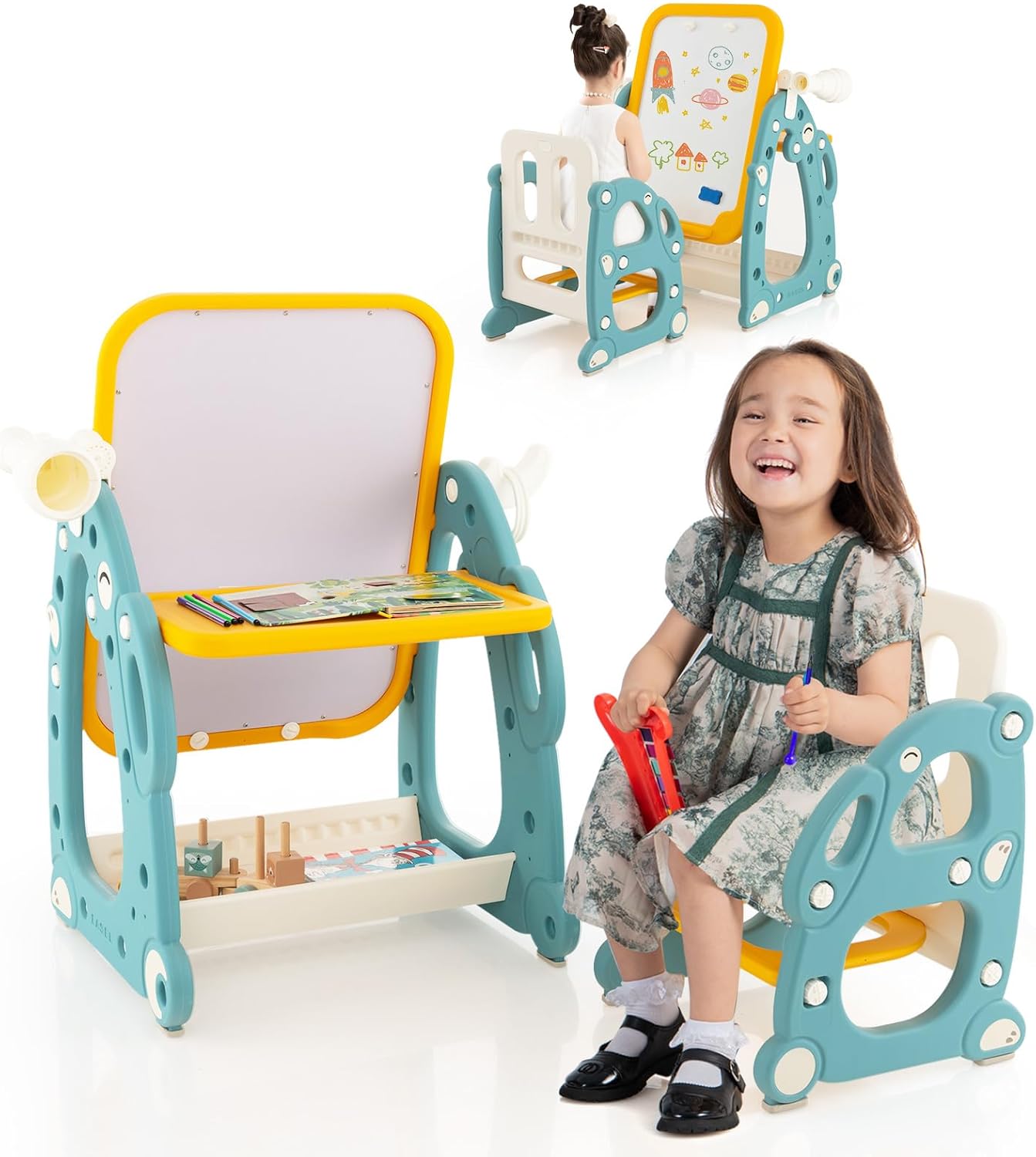 Tavolo da Disegno per Bambini con Sedia, Cavalletto Artistico con Lavagna Regolabile a 3 Livelli, Telescopio e Gioco dell'Anello, Cestino Portaoggetti 8 Pennarelli 3 Anelli 2 Magneti e Gomma