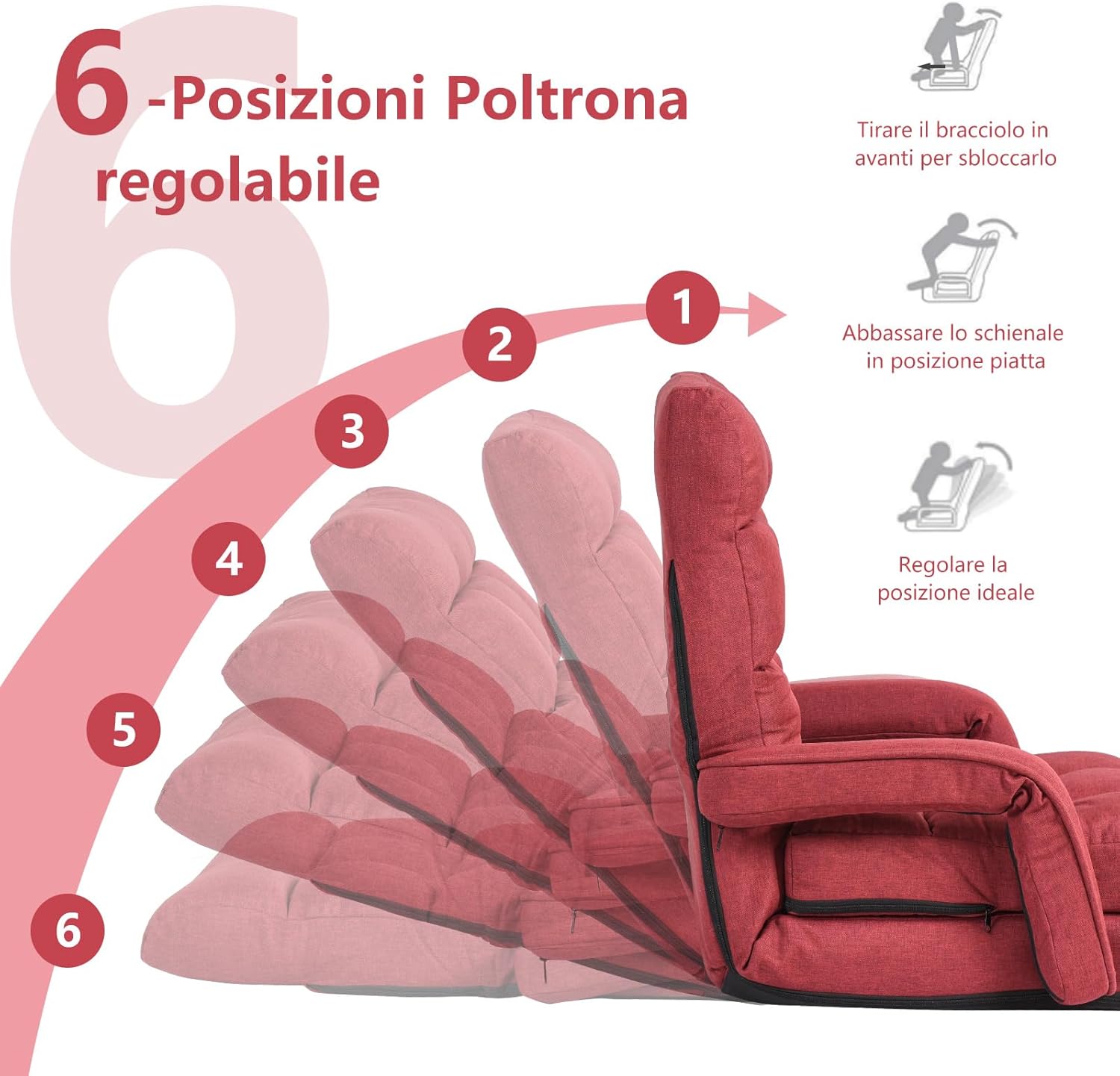 Poltrona Divano con 5 Livelli Regolabili, Sedia da Terra con Braccioli e Cuscino, Struttura in Acciaio, Multifunzione e Pieghevole per Soggiorno Camera da Letto, 55x66x71 cm (Rosso)