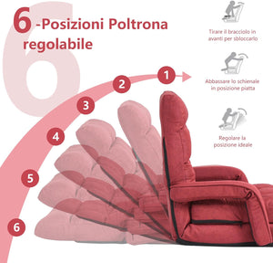 Poltrona Divano con 5 Livelli Regolabili, Sedia da Terra con Braccioli e Cuscino, Struttura in Acciaio, Multifunzione e Pieghevole per Soggiorno Camera da Letto, 55x66x71 cm (Rosso)