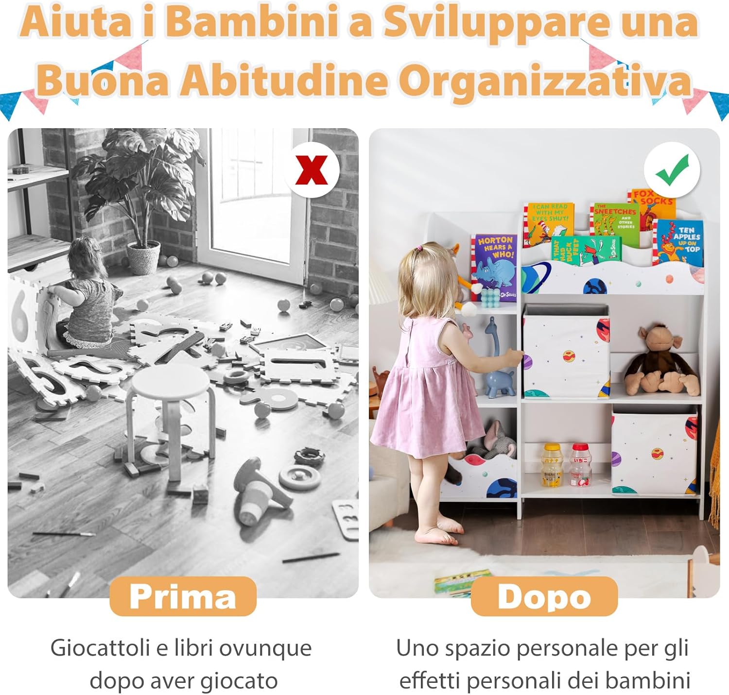 Armadio per Bambini, Scaffale di Legno con 3 Livelli e 5 Scompartimenti, 2 Cassetti in Tessuto e 3 Spazi per Giocattoli e Libri, Scaffale Verticale per Bambini, Bianco (Astronauta)