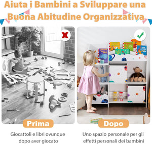 Armadio per Bambini, Scaffale di Legno con 3 Livelli e 5 Scompartimenti, 2 Cassetti in Tessuto e 3 Spazi per Giocattoli e Libri, Scaffale Verticale per Bambini, Bianco (Astronauta)