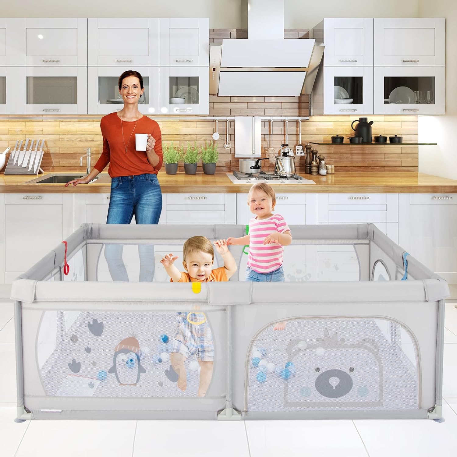 Recinto per Bambini, Box per Bambini con Rete Traspirante, Centro Attività per Bambini con 50 Palline, Box Giochi per Bambini 0-3 Anni (Pinguini, 206 x 147 cm)