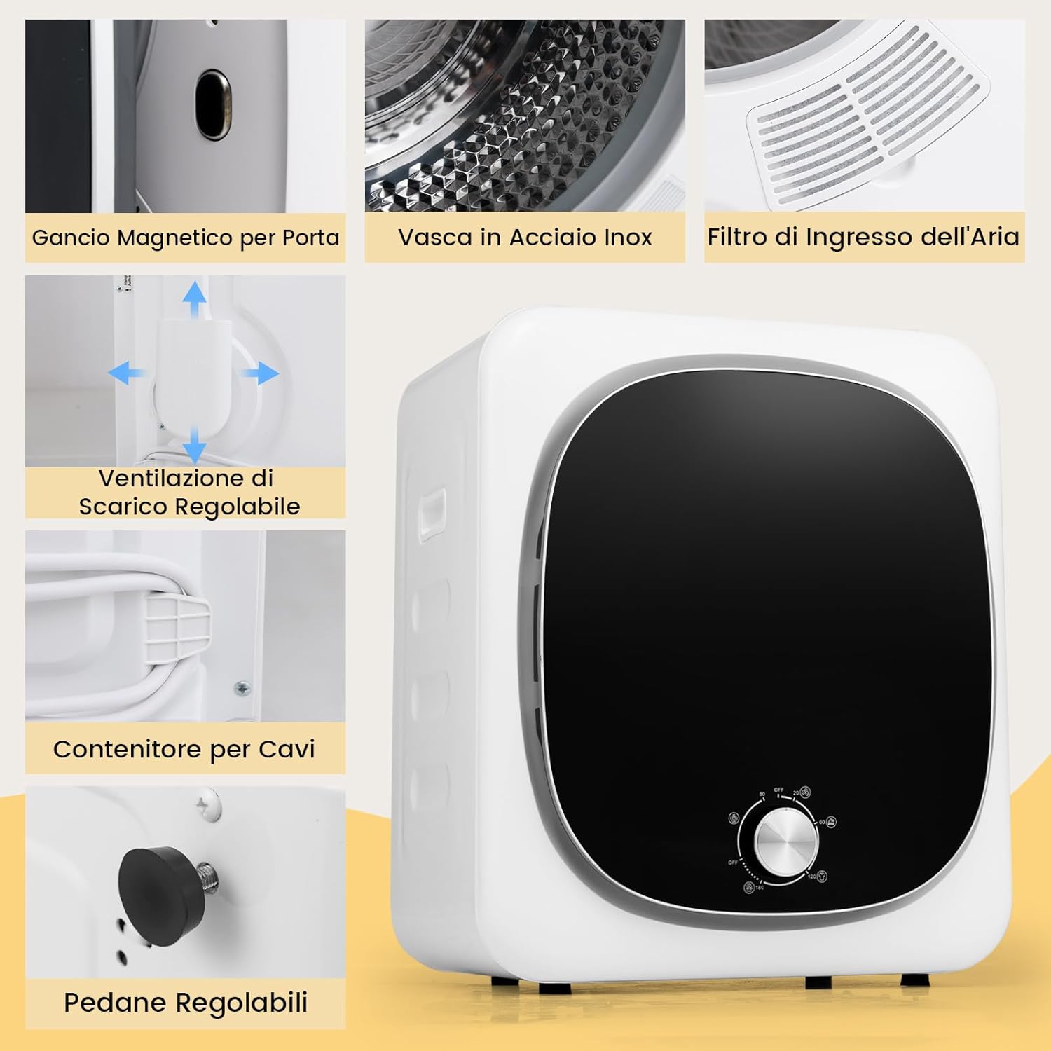 800W Asciugatrice Portatile, Asciugatrice Compatta con 5 Modalità di Asciugatura, Tamburo in Acciaio Inox, Capacità 5 kg, Ideale per Casa Appartamento, 48x40x56 cm [Classe di efficienza energetica C]