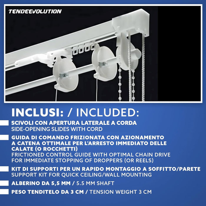 Binario Bastone Tenda a Pacchetto Con Doppio Movimento Apertura Laterale Con 5 Calate Lunghezza 180 CM Comando e ammasso destro, Attacco Parete