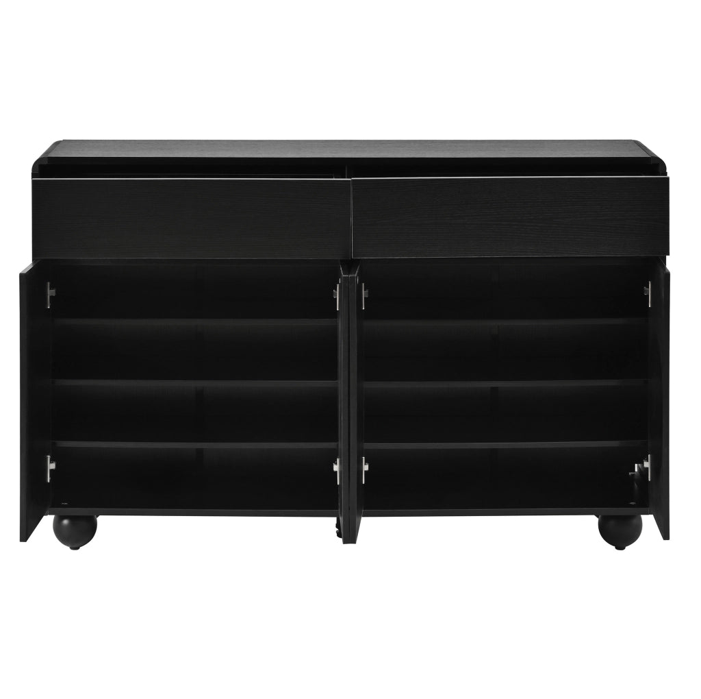 Credenza 140x38x89 cm nera in MDF e pannello truciolare, 2 cassetti e 4 ante