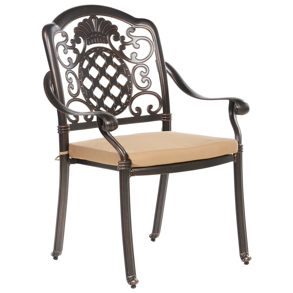 Set da pranzo da giardino Tavolo da esterno in alluminio marrone 4 sedie Cuscini di seduta in stile retrò