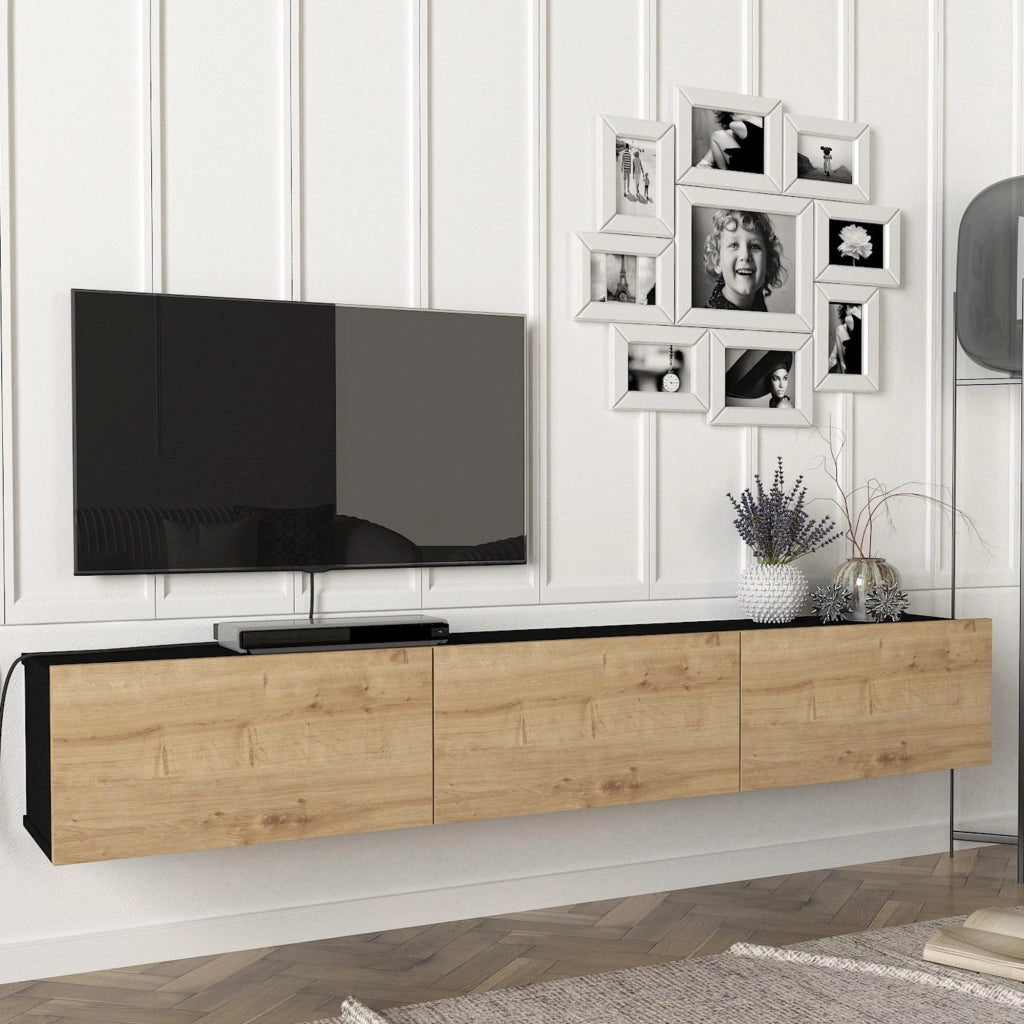 Mobile TV da Parete Vihti con 3 Ante a Ribalta Armadietto Pensile - Nero / Effetto Rovere [en.casa]