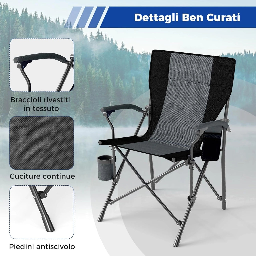 Sedia da Campeggio Portatile, Sedia da Esterno Pieghevole in Tessuto Oxford con Porta Bicchiere e Tasca Laterale, Seduta in Metallo Resistente con Sacca di Trasporto, Portata 160 kg (Nero,2)
