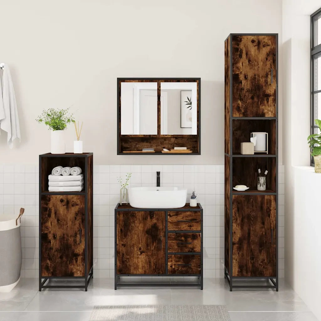 Set Mobili da Bagno 4 pz Rovere Fumo in Legno Multistrato