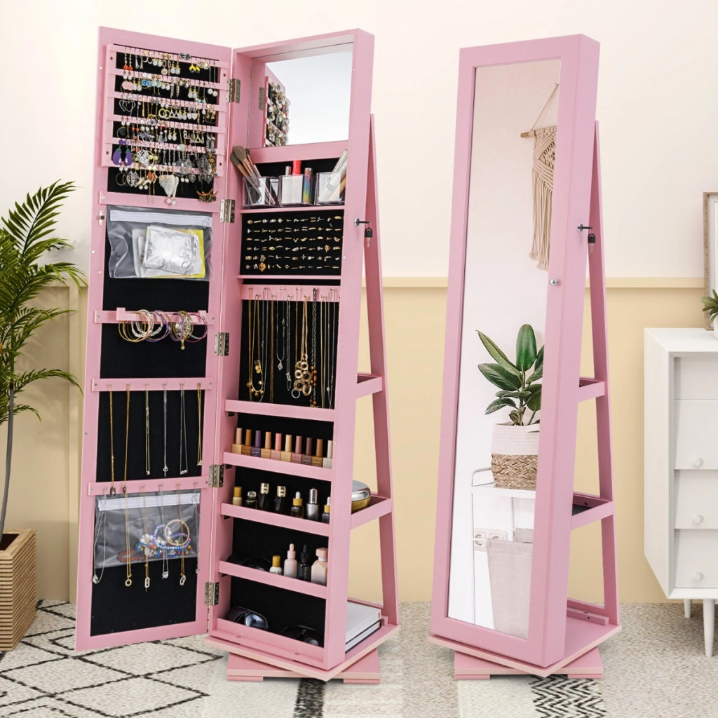 Armadio portagioielli girevole a 360¡ã con specchio, Organizer gioielli 2 in 1 a figura intera Rosa-Armadietti per gioielli