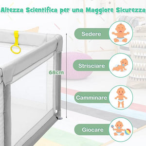 Box per Bambini, Centro Attivit¨¤ Portatile con Cancelli di Sicurezza, con Ventose Antiscivolo, Pareti a Rete Traspirante e 4 Anelli per Bambini, con 50 Palline, 206 x 185,5 x 68CM (grigio)