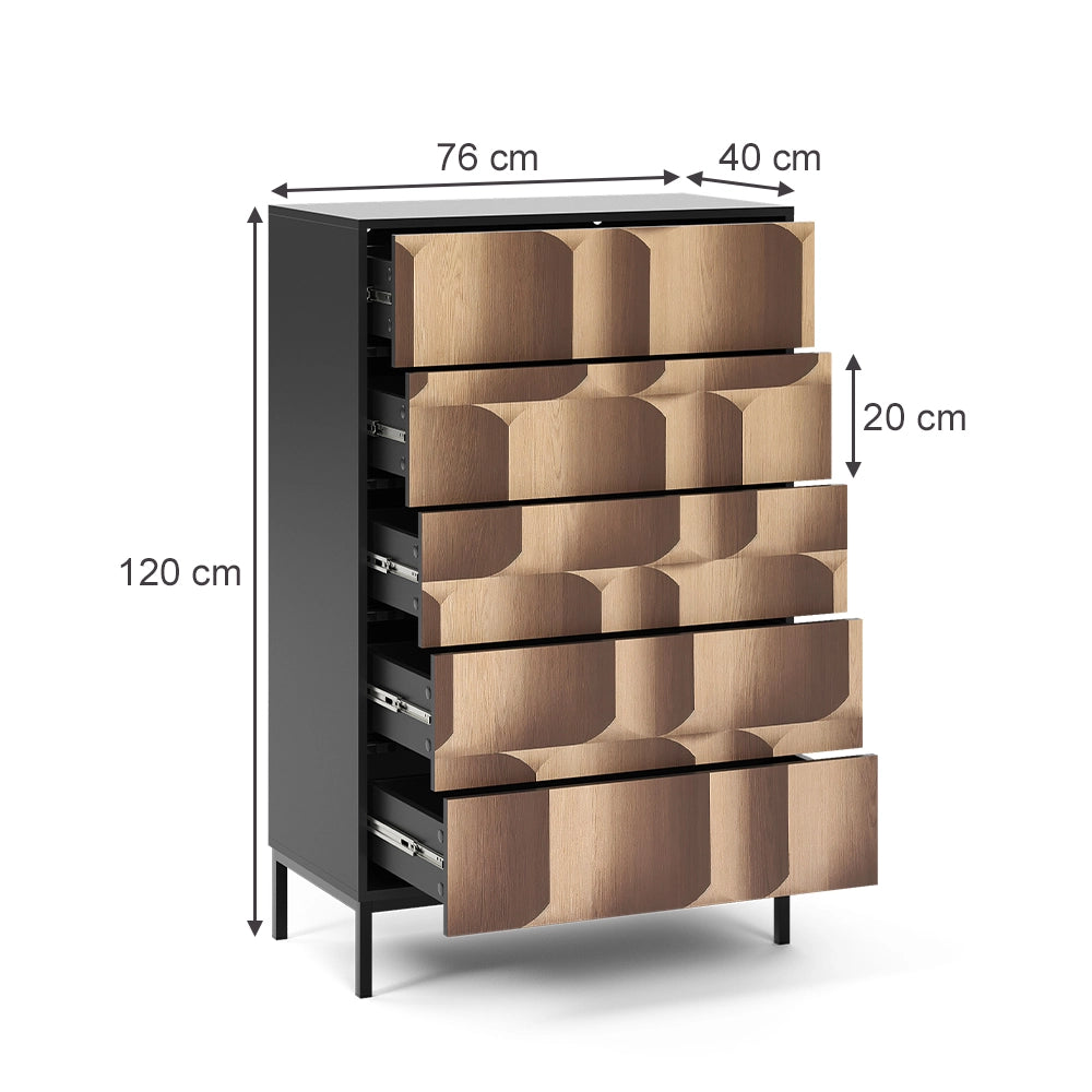 Vicco Cassettiera Nero/quercia 76 x 120 cm con 5 cassetti