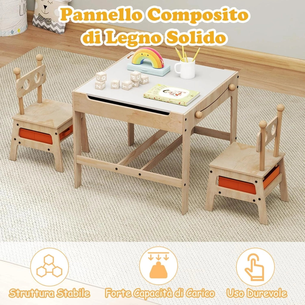 4 in 1 Set Tavolo e Sedie per Bambini 3+ Anni, Tavolo in Legno con Lavagna Reversibile Bianca e Nera, Sedie Ergonomiche con 2 Cassetti Portaoggetti, Ideale per Arti, Mestieri e Giochi (Robot)