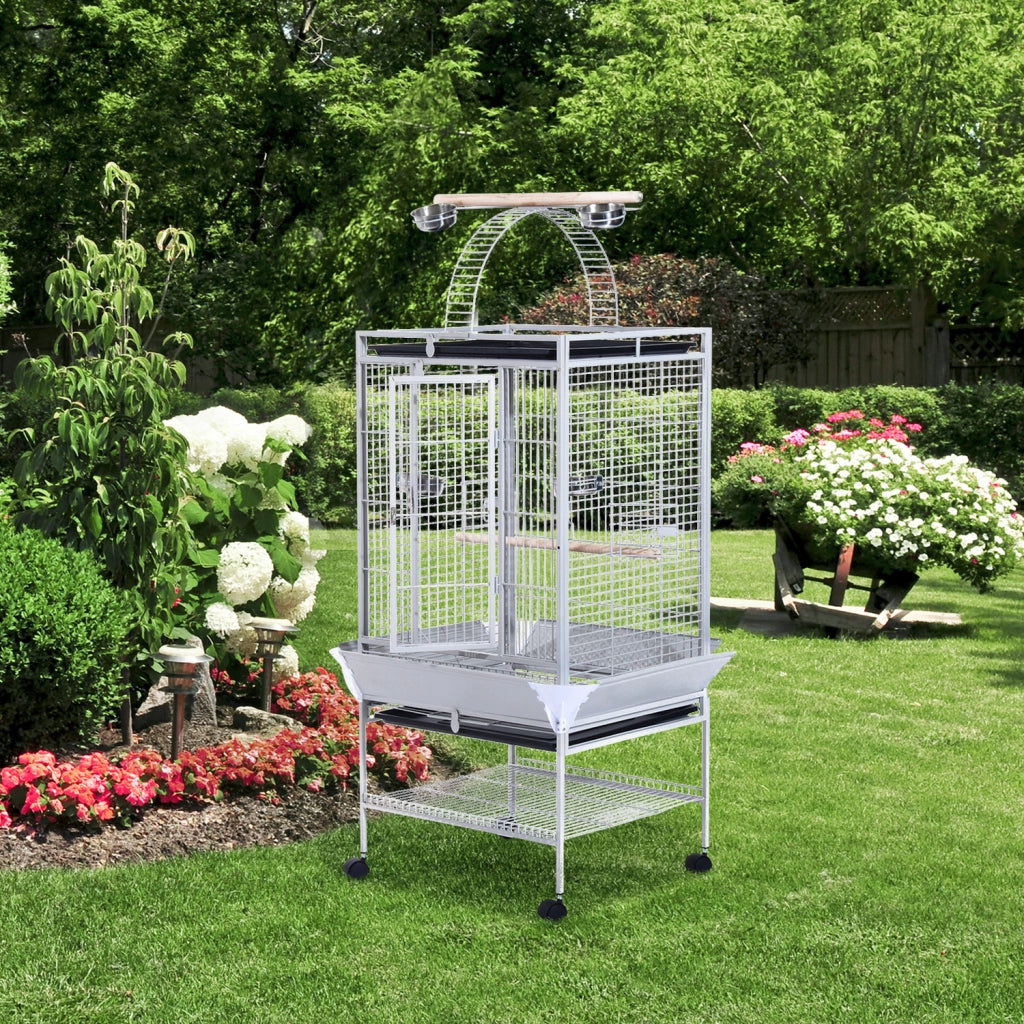 Voliera per Uccelli con Ruote Altezza 161.5cm, Vaschette in Acciaio e Trespoli in Legno, Argento