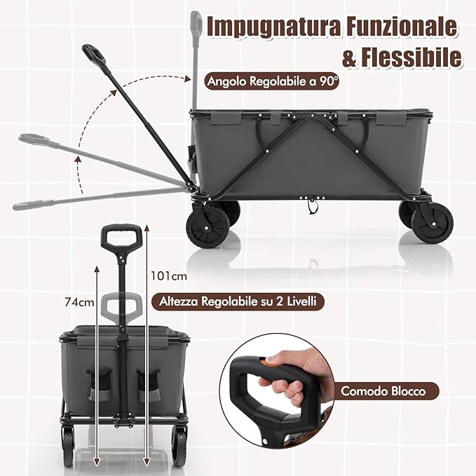 Carrello da Spiaggia Pieghevole, Carrello da Campeggio con Maniglia Regolabile e 360Â° Ruote, Portabottiglie e Tasca Portaoggetti, 170L, per Campeggio, Spiaggia e Giardino (Grigio)