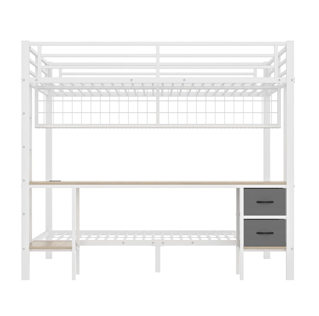 Letto a soppalco 140x200 cm con scrivania; cassetti e ripiani in metallo