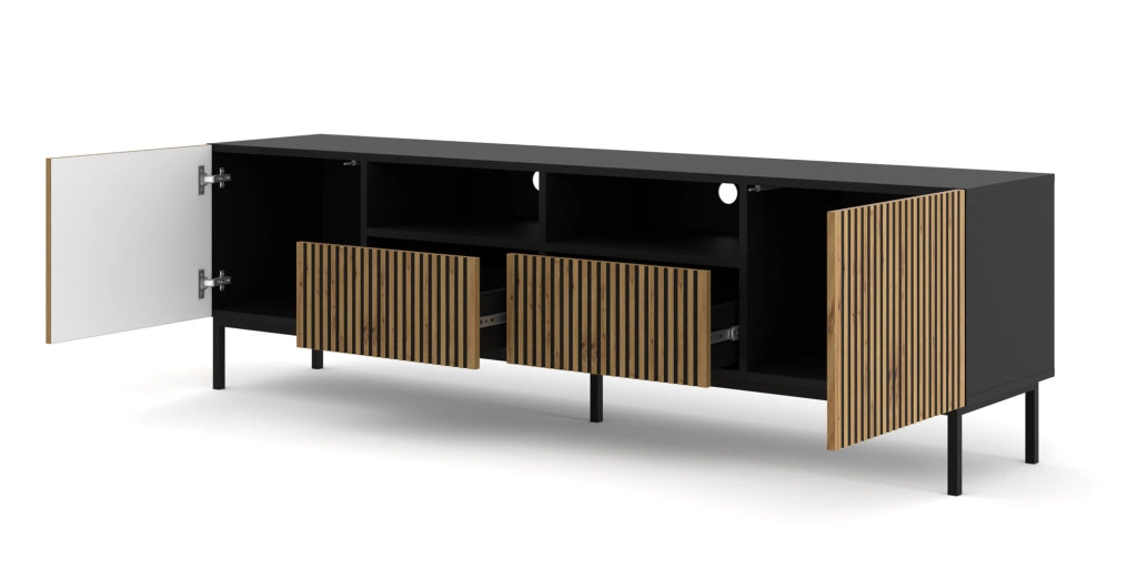 MOBILE RAVENNA F PORTA TV IN MDF VERNICIATO 2D2S 200 NERO OPACO ROVERE ARTIGIANALE STRUTTURA NERA