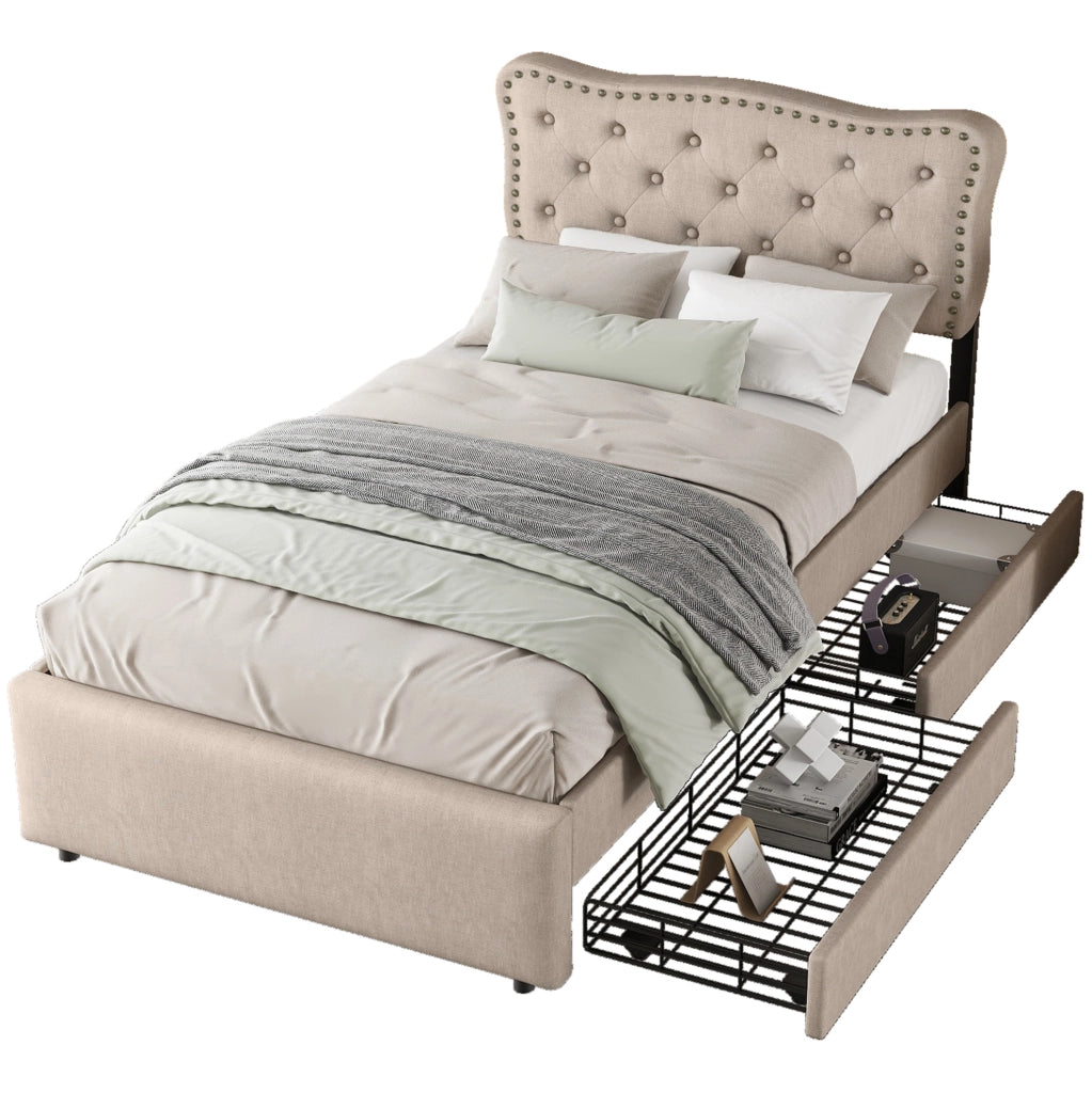Letto imbottito 90x200 cm; testiera regolabile e 2 cassetti; MDF e lino; beige marrone