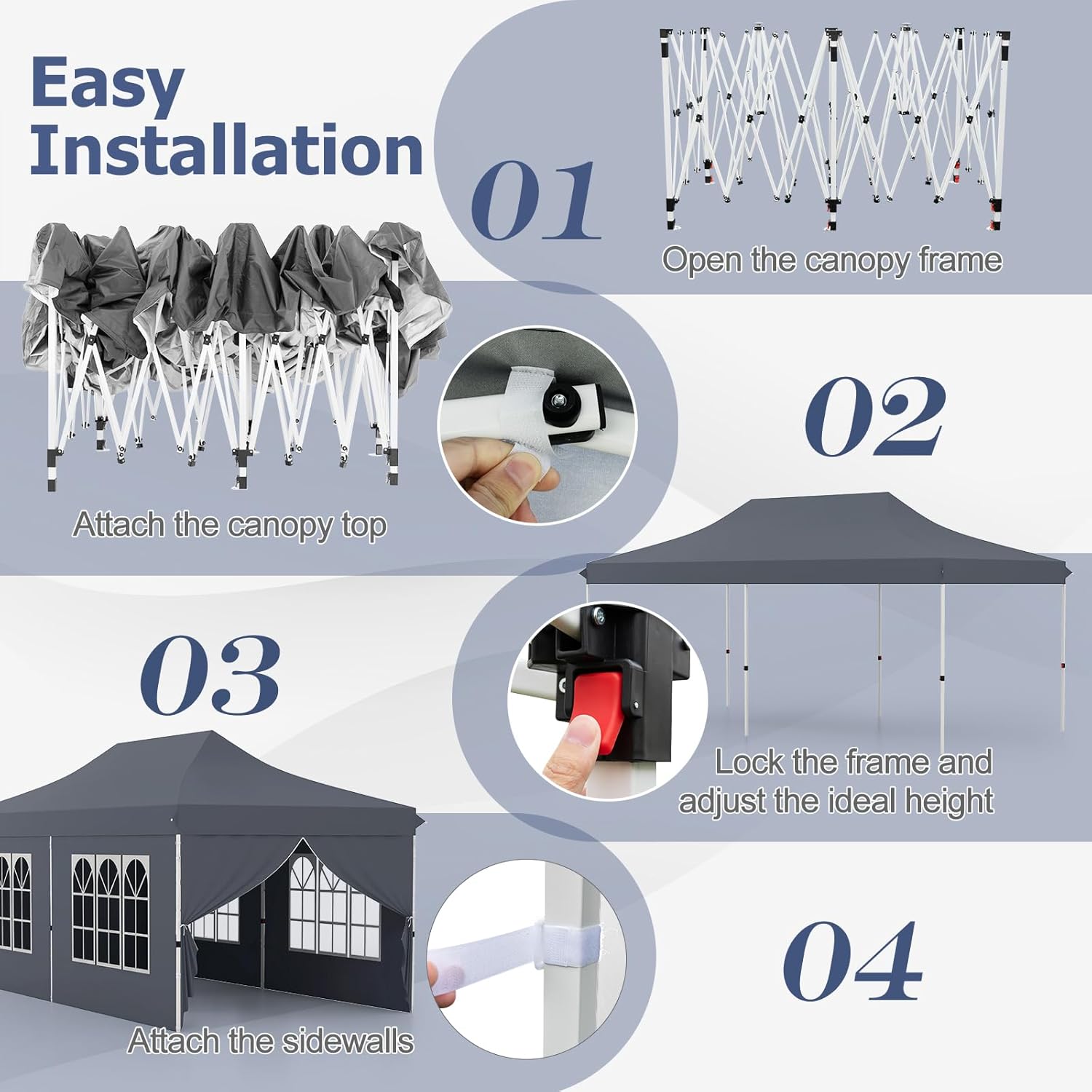 Gazebo da Giardino 3x6m, Gazebo Esterno Resistente Pop Up con 6 Pannelli Laterali e Finestre, 3 Altezze Regolabili, Tenda da Giardino per Matrimoni, Feste, Eventi Commerciali (Grigio)