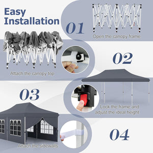 Gazebo da Giardino 3x6m, Gazebo Esterno Resistente Pop Up con 6 Pannelli Laterali e Finestre, 3 Altezze Regolabili, Tenda da Giardino per Matrimoni, Feste, Eventi Commerciali (Grigio)