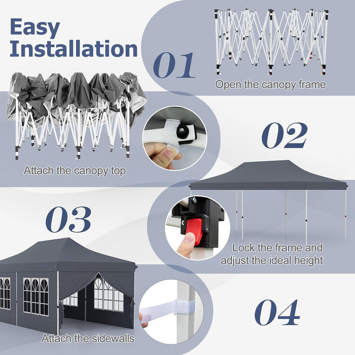 Gazebo da Giardino 3x6m, Gazebo Esterno Resistente Pop Up con 6 Pannelli Laterali e Finestre, 3 Altezze Regolabili, Tenda da Giardino per Matrimoni, Feste, Eventi Commerciali (Grigio)