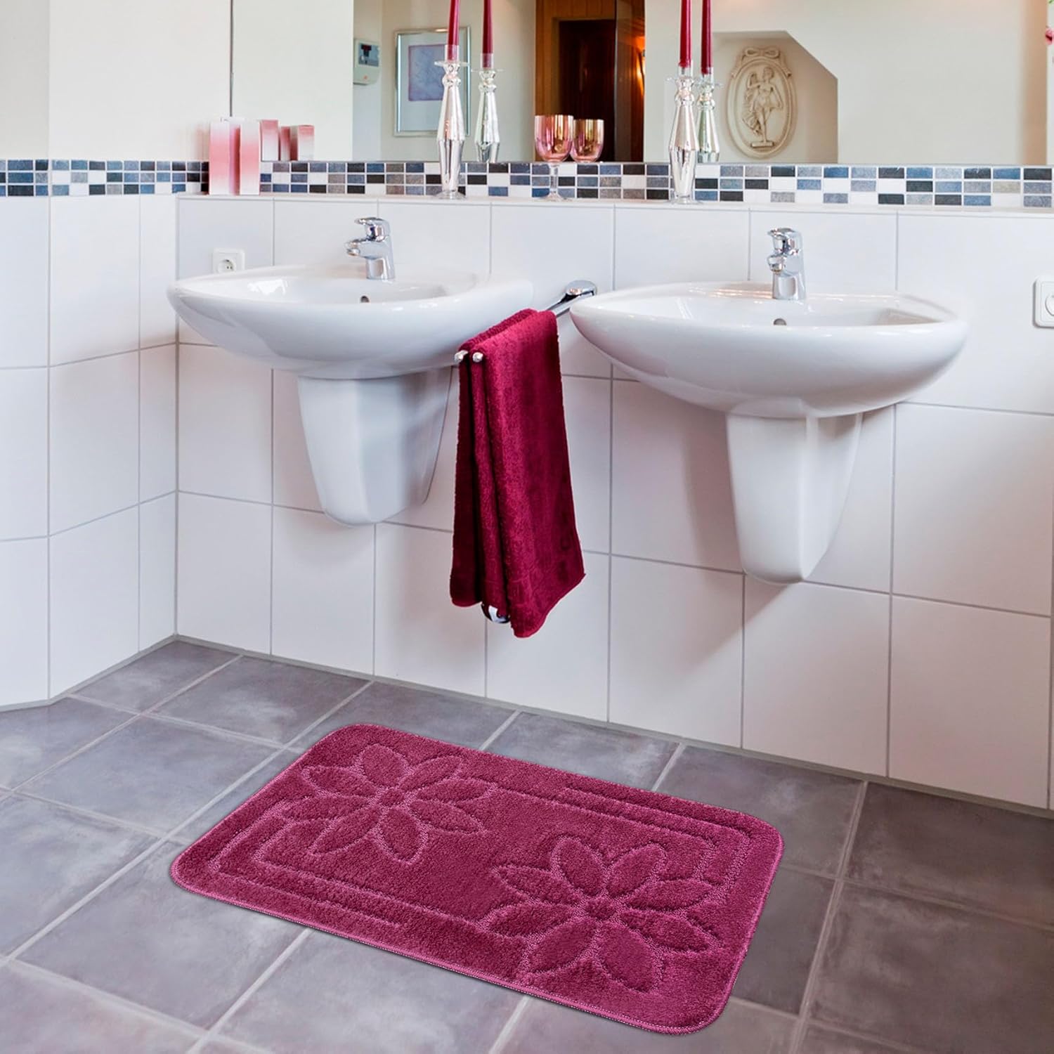 Tappeto Bagno 50x110 cm Tinta Unita Antiscivolo Assorbente Scendiletto Made In Italy Porpora