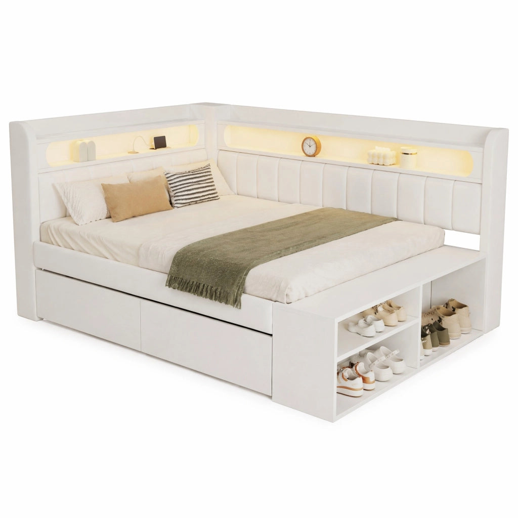 Letto singolo imbottito 90x200 cm con LED, USB e cassetti