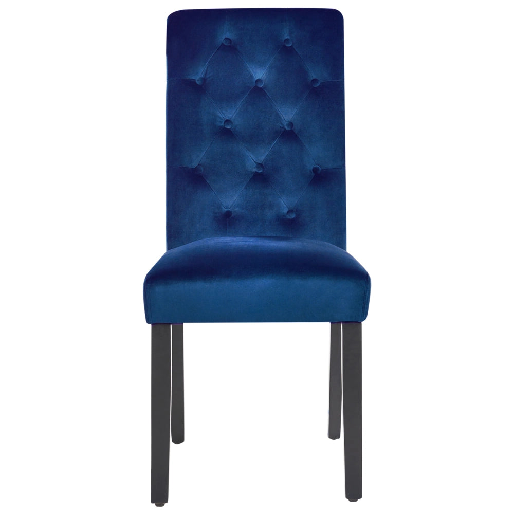 Set di 2 sedie da pranzo in velluto blu, legno di gomma, gambe nere, bottoni e piedistalli