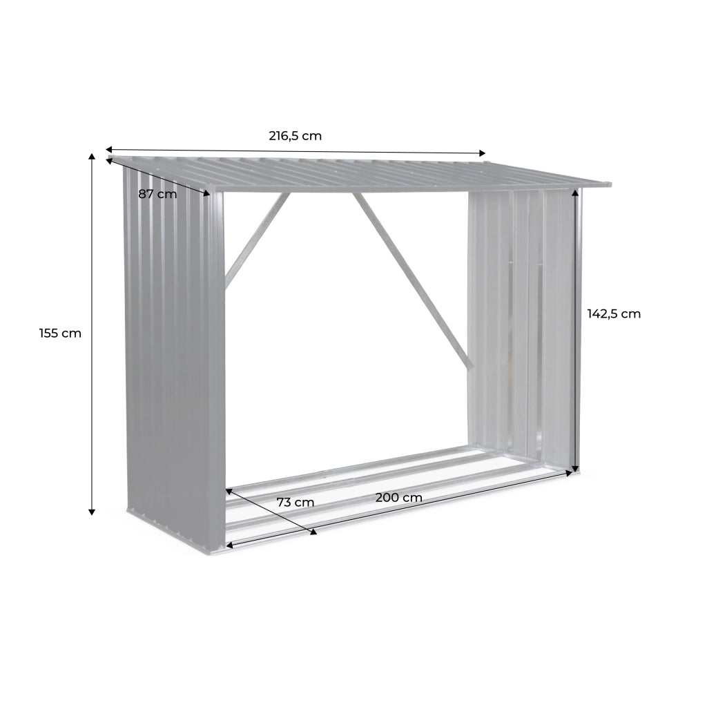 Capannone da giardino in acciaio zincato per legna, 80x215x155cm,