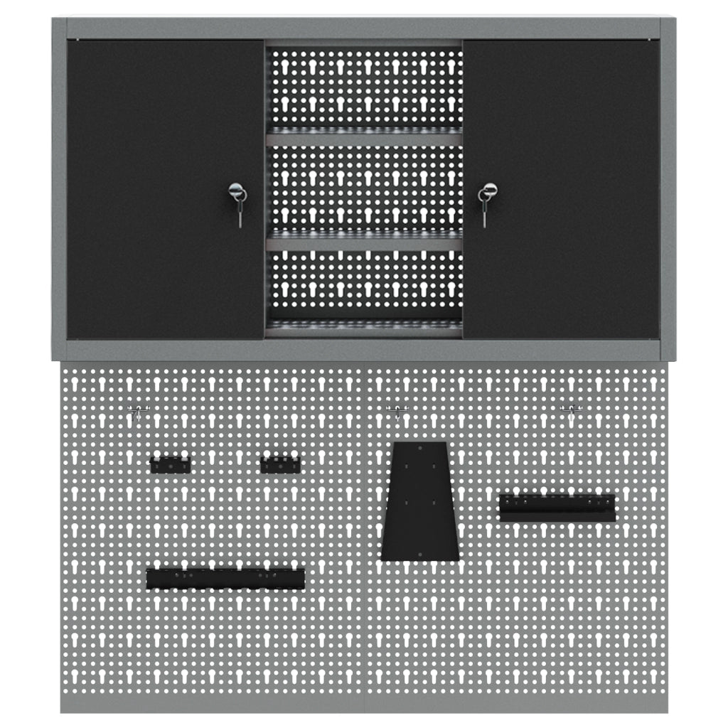 Set di armadietto attrezzi e pannello perforato da 3 pezzi montato a parete in metallo nero