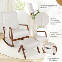 Poltrona Relax a Dondolo con Pouf, Sedia Soggiorno con Schienale Imbottito, Struttura in Legno, Tasca Laterale, Set Poltrona e Poggiapiedi per Soggiorno Camera da Letto