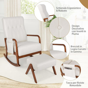 Poltrona Relax a Dondolo con Pouf, Sedia Soggiorno con Schienale Imbottito, Struttura in Legno, Tasca Laterale, Set Poltrona e Poggiapiedi per Soggiorno Camera da Letto