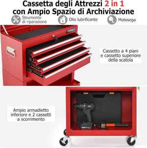 Cassettiera Portautensili a 6 Cassetti, Carrello per Attrezzi con Ruote Bloccabili, con Ripiano rimovibile e Serratura, 61,5 x 33 x 132 cm (rosso)
