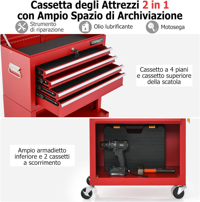 Cassettiera Portautensili a 6 Cassetti, Carrello per Attrezzi con Ruote Bloccabili, con Ripiano rimovibile e Serratura, 61,5 x 33 x 132 cm (rosso)