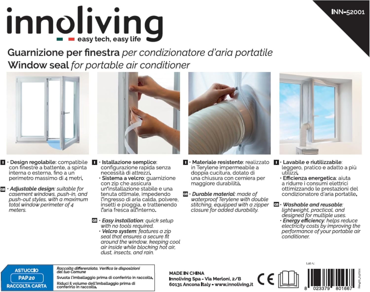 Innoliving Guarnizione Universale per Finestre INN-52001, Compatibile con Condizionatori d’Aria Portatili, Design Regolabile fino a 4m, Materiale Impermeabile TERYLENE, Sistema a Velcro con Zip