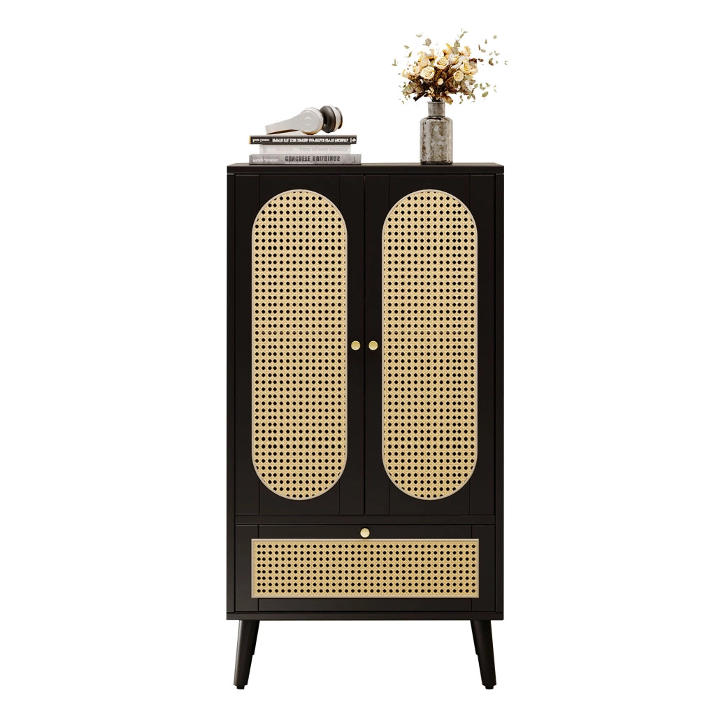 Credenza compatta (1,1m) - Zephmum - Design rattan, nero, 2 ante, 1 cassetto