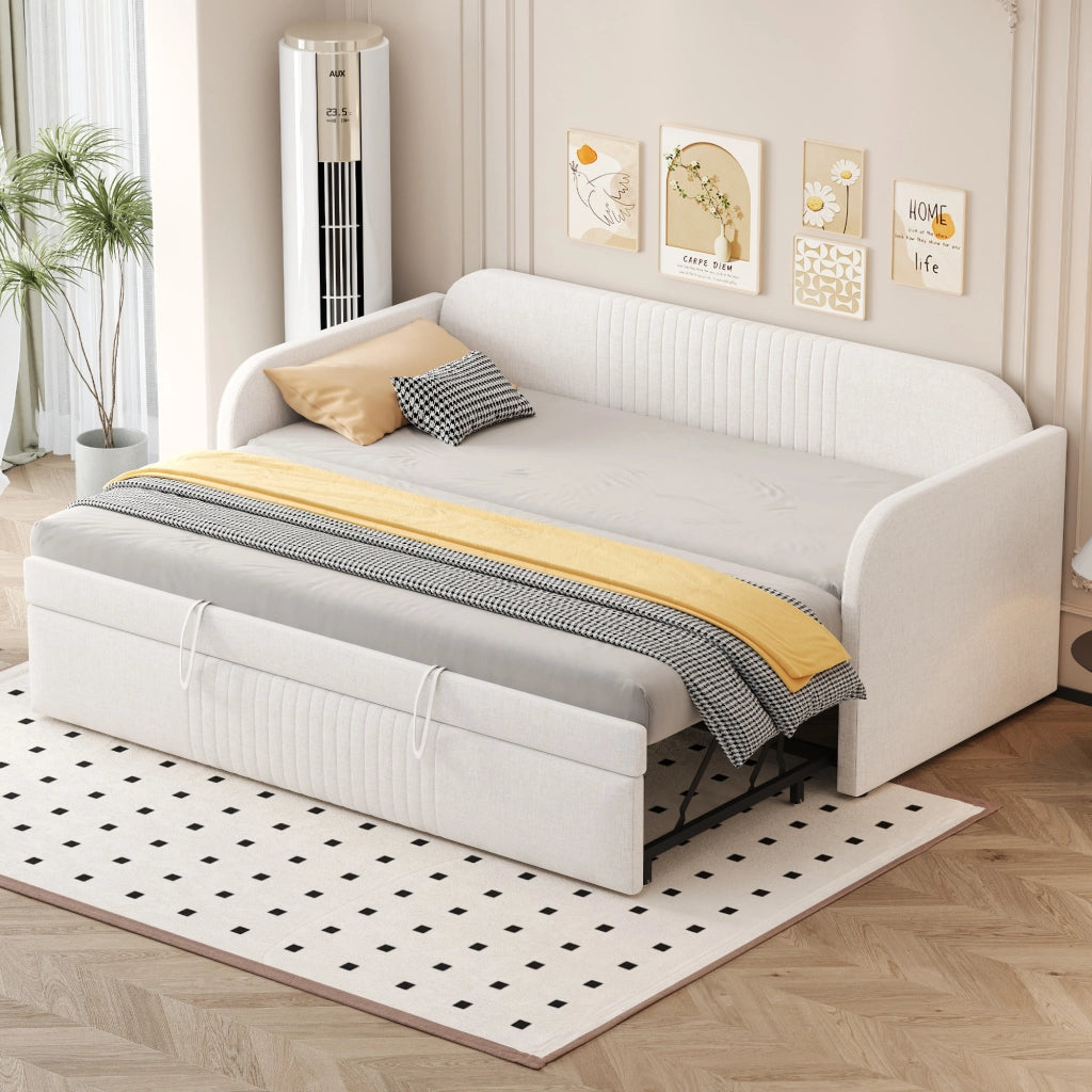 Letto sofa estraibile in lino beige 90x190 cm