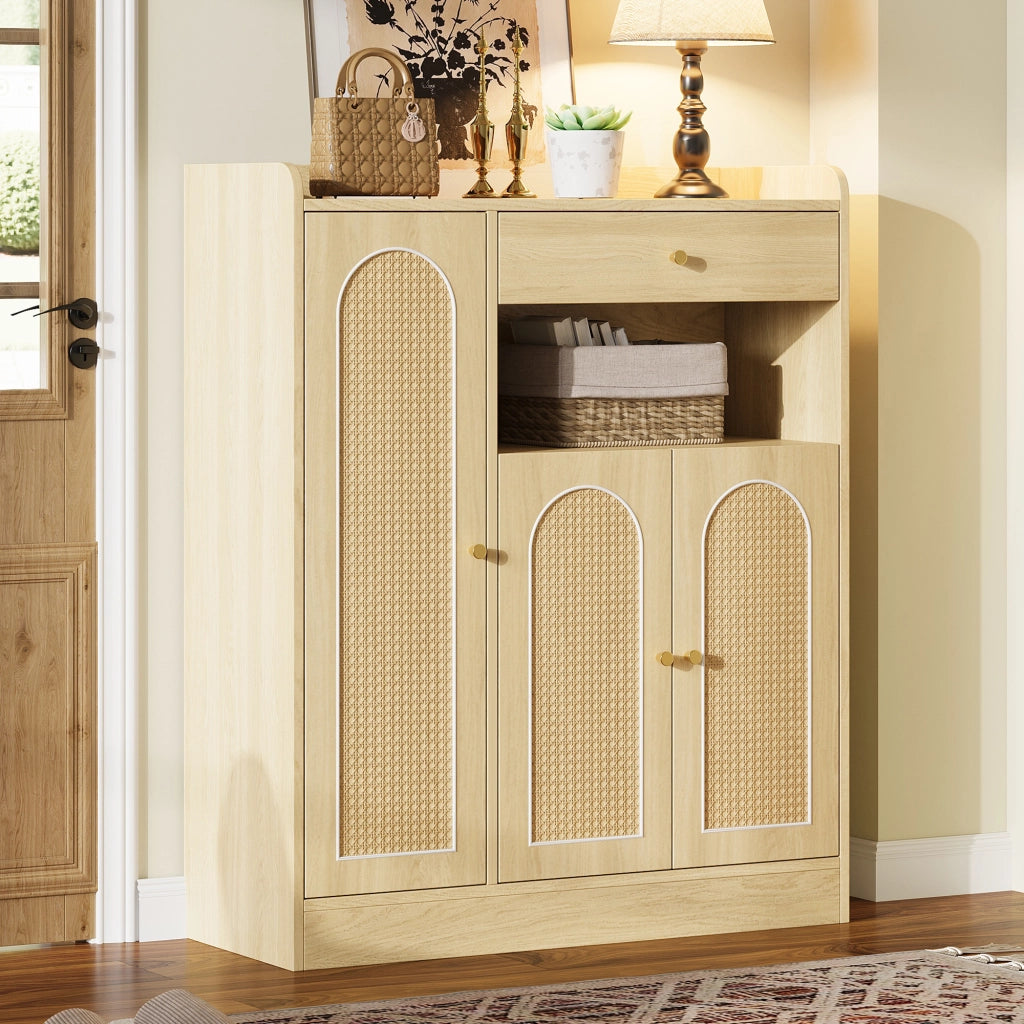 Scarpiera in rattan con 3 ante e ripiani regolabili, per ingresso e sala da pranzo, finitura naturale, 90 × 35 × 110 cm