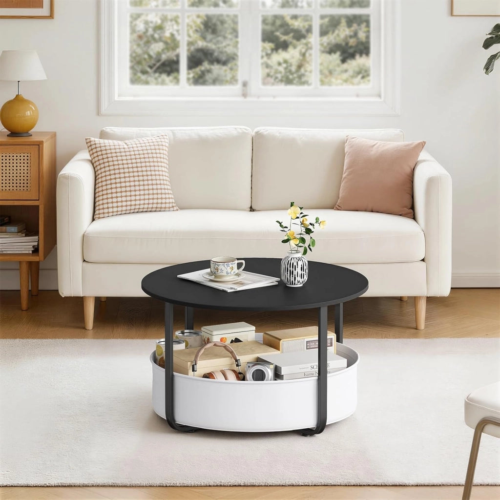 Tavolino da Salotto Rotondo Ø 80 cm con Cestino Portaoggetti in Tela e Struttura in Metallo, Tavolino da Caffè per Soggiorno, Stile Moderno, Nero+Grigio