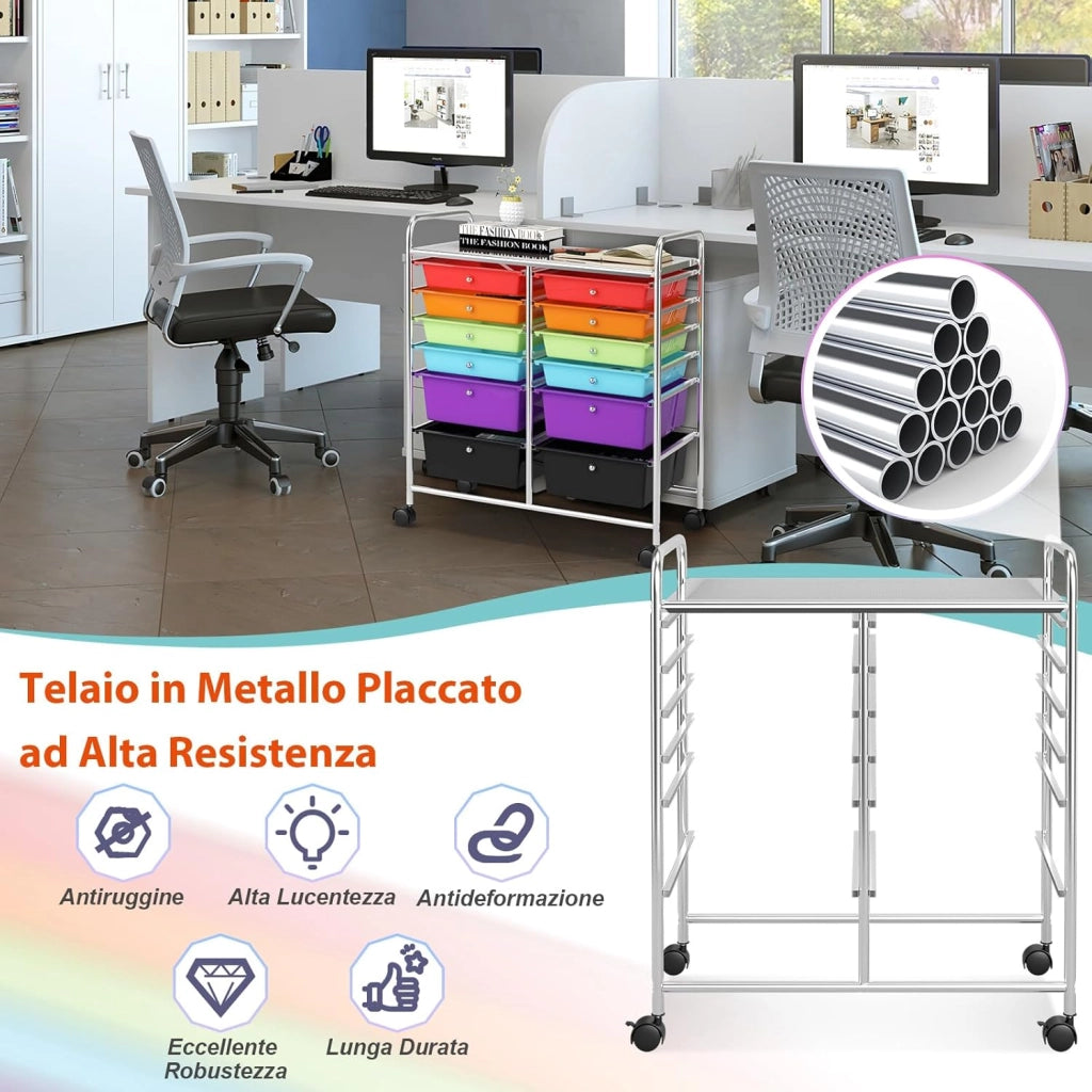 Carrello con 12 Cassetti con Ruote, Ideale per Ufficio e Domestico, 73,5 x 37 x 63 cm (Colorato)