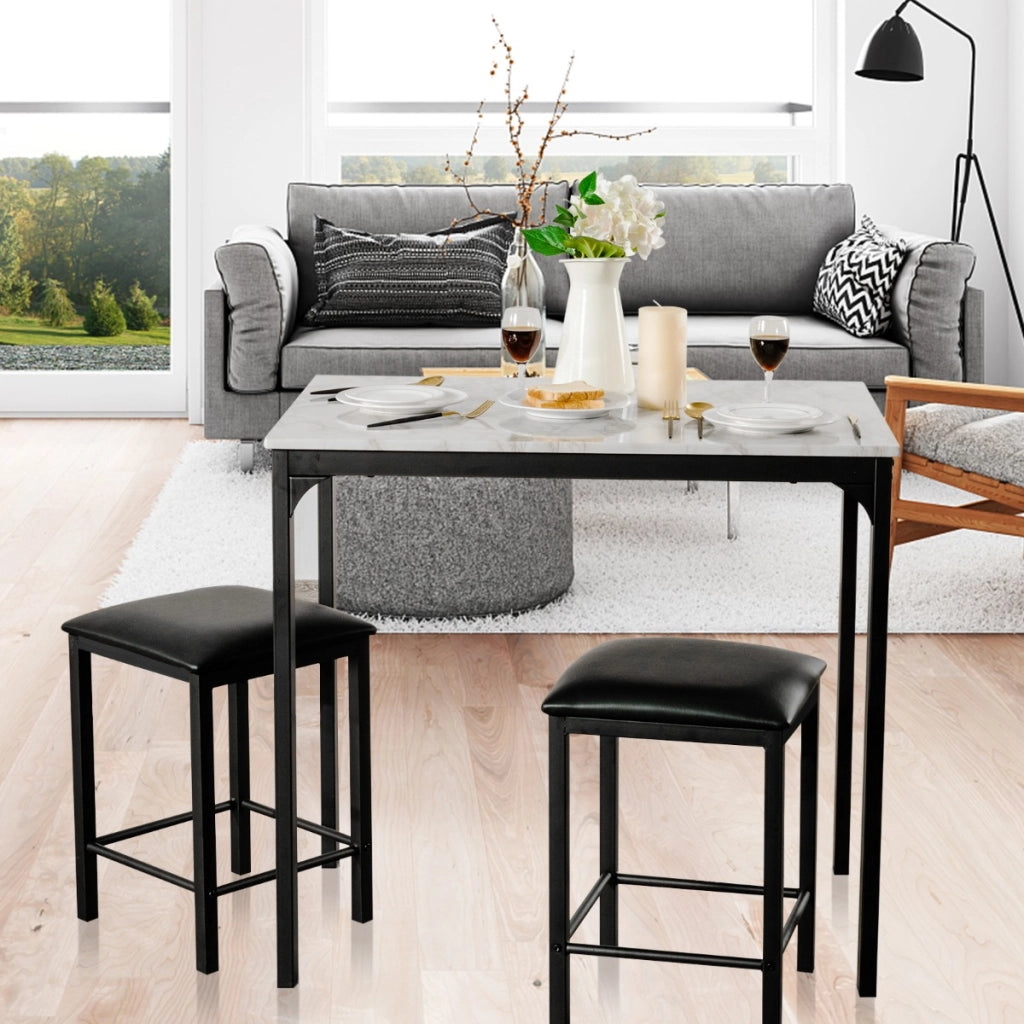 Set tavolo con 2 sgabelli senza schienale in similpelle, Set di mobili da 3 pezzi per sala da pranzo Bianco