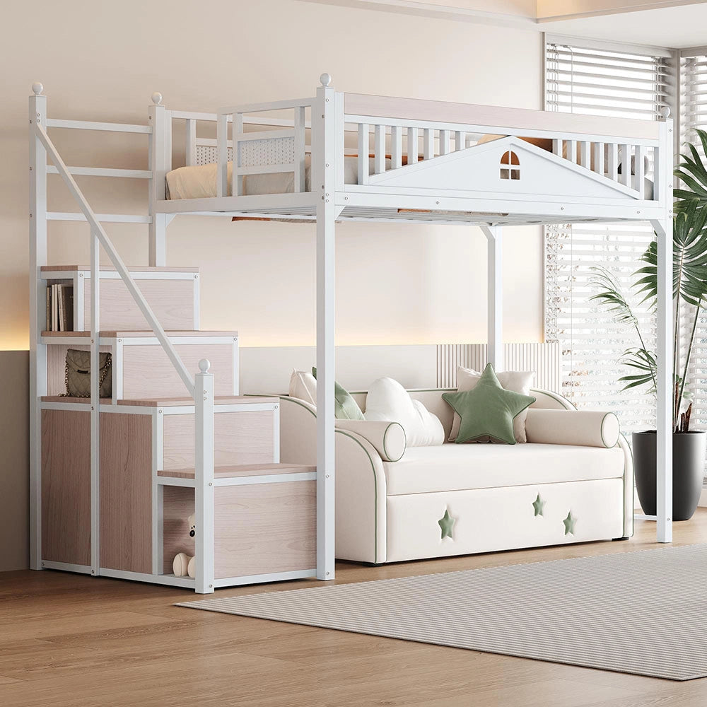 Letto a soppalco per bambini - Xylo - 90x200 cm - Bianco - Scala intercambiabile sinistra/destra con casiers di sicurezza