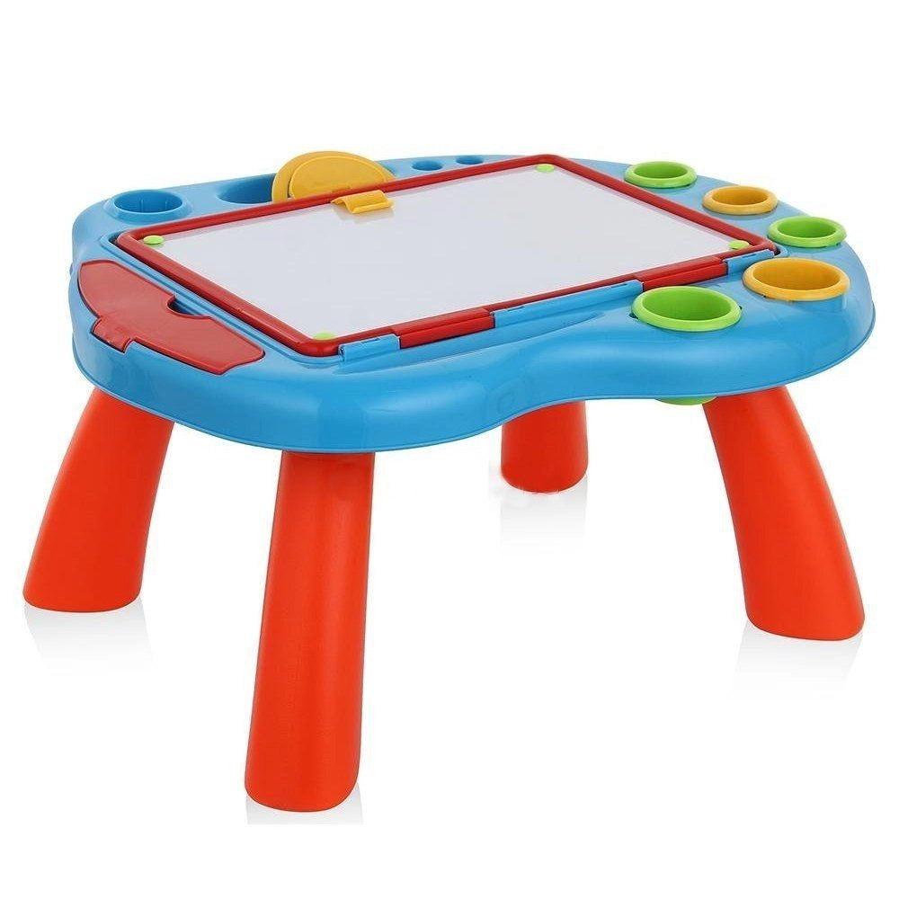 Trade Shop - Tavolo Con Doppia Lavagna Per Bambini Scomparti Porta Accessori Puzzle E Gessi -