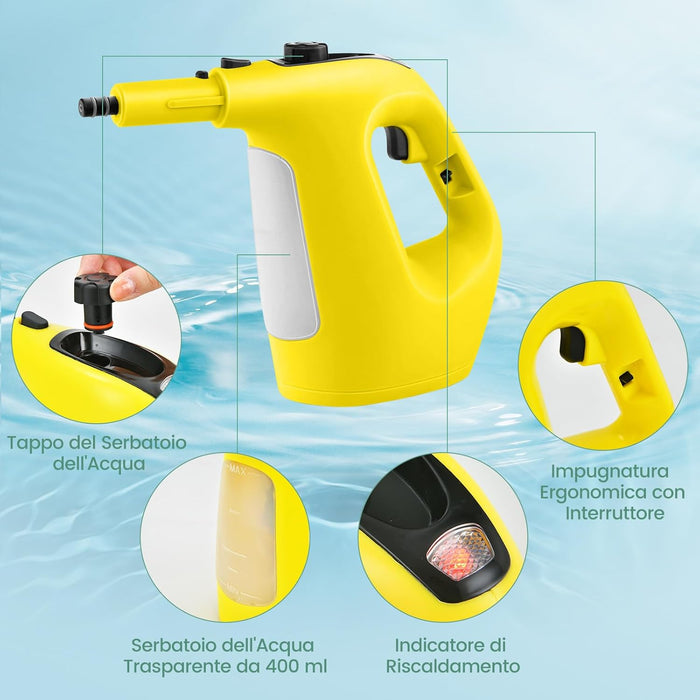 1500W Pulitore a Vapore Portatile, Macchina a Vapore con Serbatoio d'Acqua da 400 ml Blocco per Bambini e Kit di Accessori da 14 Pezzi, 33x13x24,5 cm (Giallo)