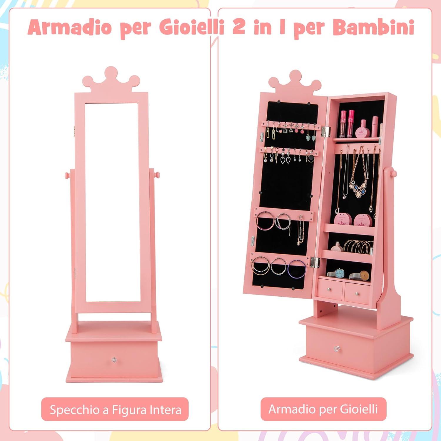 Armadio Gioielli per Bambini con Specchio, Armadietto Portagioie da Terra per Bambini con 3 Cassetti, per Bambini 3+ Anni, Ideale per Camera da Letto (Rosa)