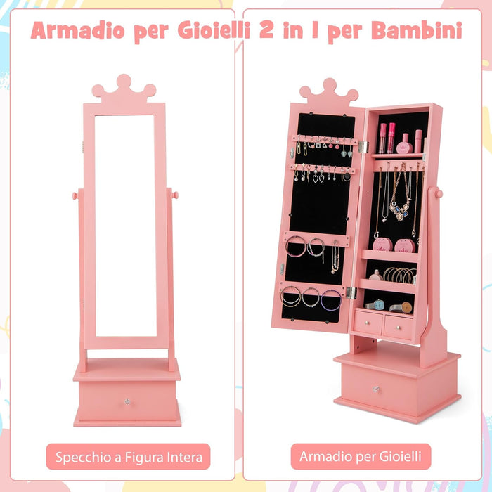 Armadio Gioielli per Bambini con Specchio, Armadietto Portagioie da Terra per Bambini con 3 Cassetti, per Bambini 3+ Anni, Ideale per Camera da Letto (Rosa)